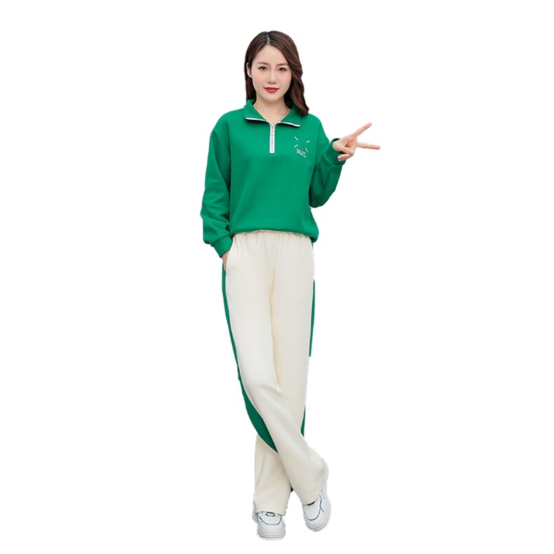 2025夏季运动套装女大码宽松立领短袖两件套时尚洋气休闲服,女装套装/套裙,凝聚力