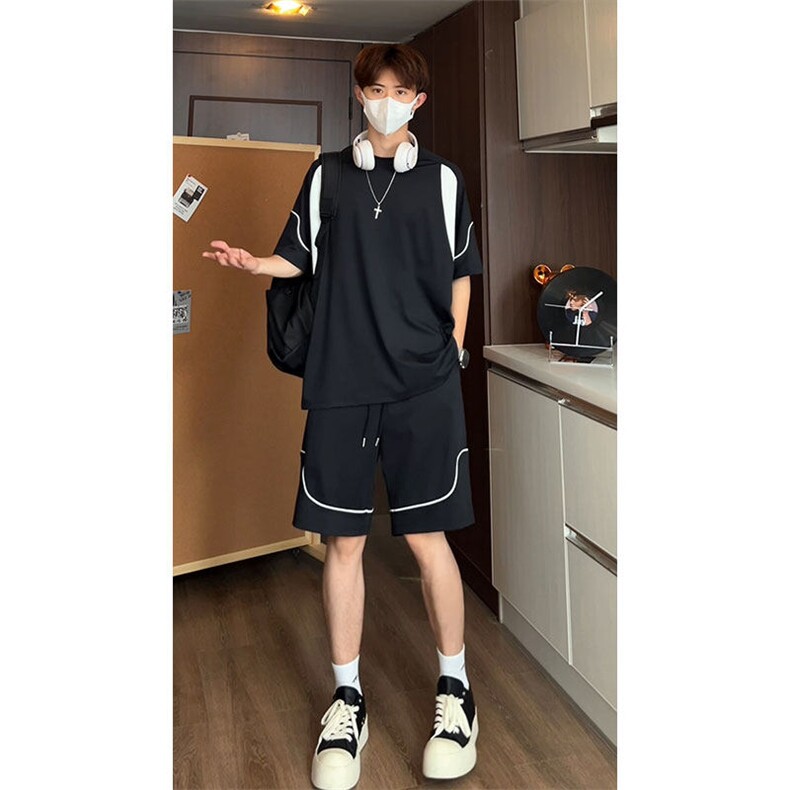 美式拼接纯色短袖T恤套装T3688上衣27-DK8650裤子26【特价】,男装T恤,电商A007