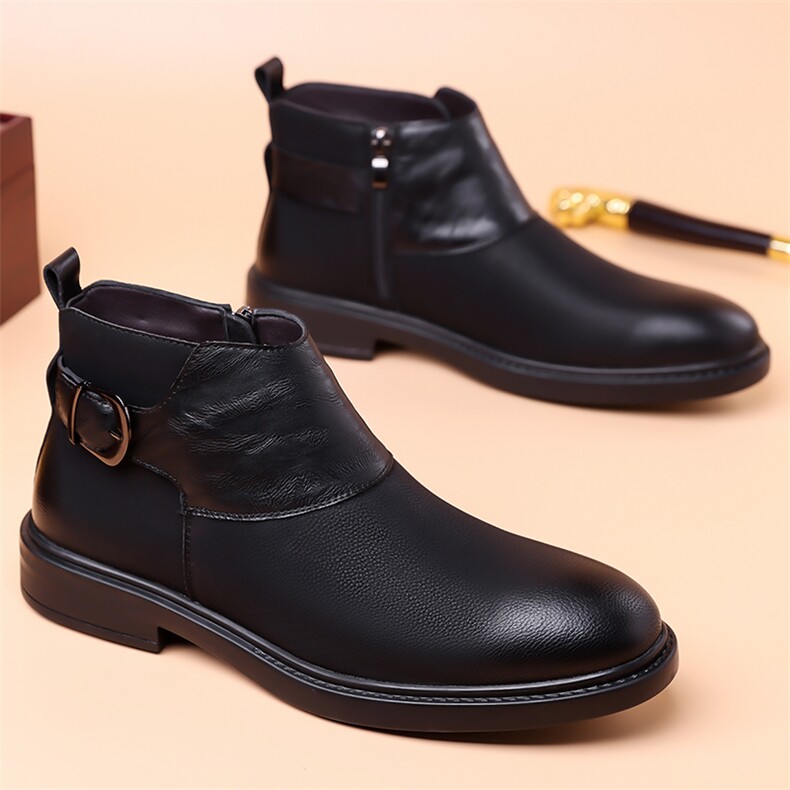 X4455-165新款马丁靴尖头高帮男士皮靴加绒短靴潮切尔西靴男，男鞋切尔西靴，星座1407-3