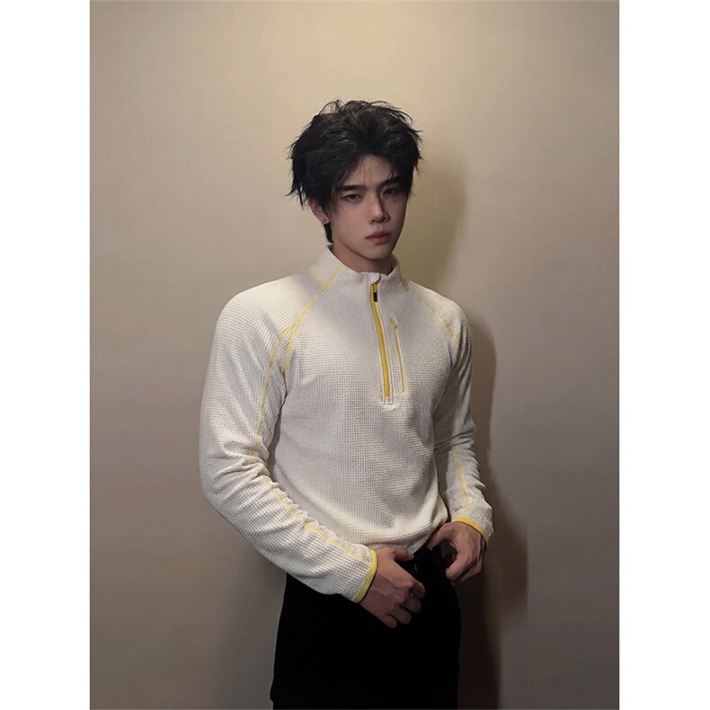 春季哈苏线撞色半拉链肌理感长袖T恤套头卫衣男C64163-TP4588,男装T恤,电商A102