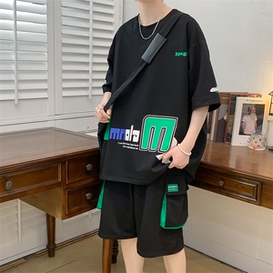 新款夏季短袖T恤工装裤短裤套装港风纯棉宽松潮男装DF320TP65,流行的束腰大衣怎么搭配图片