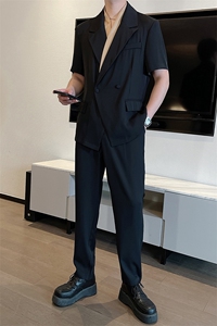 吴磊同款夏痞帅冰丝薄款短袖西服套装男时尚西装两件套TZ257-P150图片