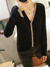 休闲/淑女2024年秋冬季新款单排扣V领袖子开叉拼色开衫长袖，女装针织衫/毛衣，丽特绒