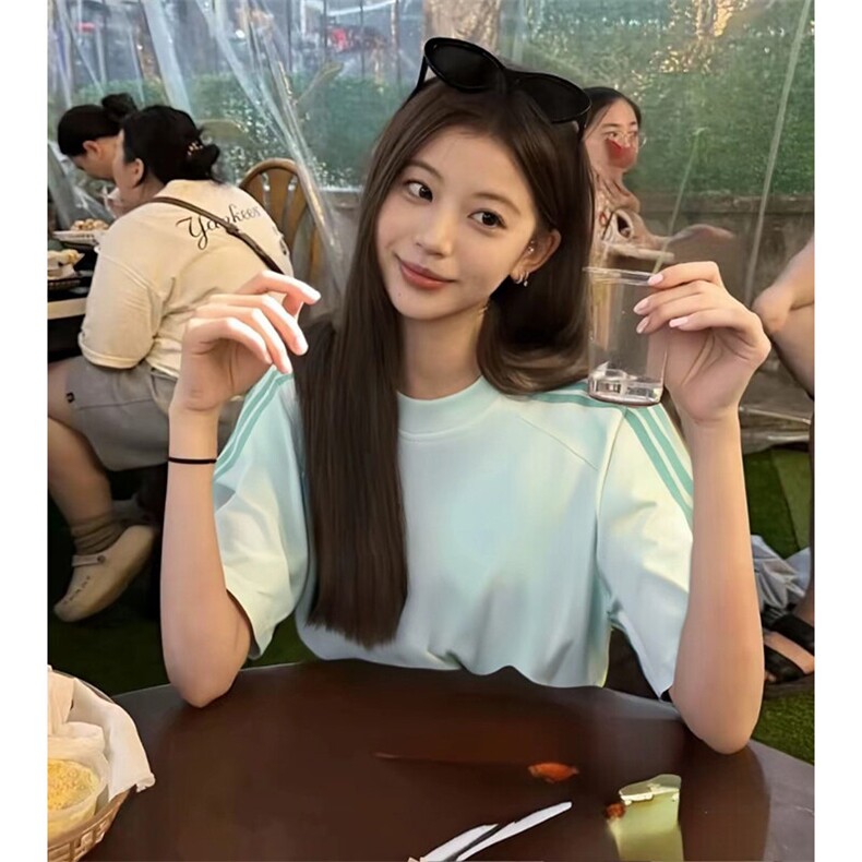 抖音得物品质二开240克宽松纯棉美式潮牌印花三条杠中性风短袖T恤,男装T恤,电商A486