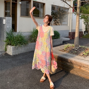 多巴胺甜美粉色镂空蕾丝吊带罩衫显瘦t恤两件套设计感连衣裙夏女图片