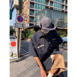 夏季新款日系复古cityboy短袖工装衬衫男宽松情侣休闲印花衬衣男图片