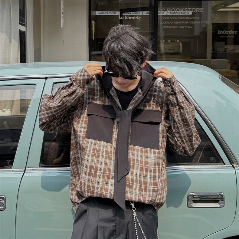 春夏新品原创小众设计感连帽系带长袖衬衫男士拼接格纹长袖衬衣潮,男装衬衫,电商B319