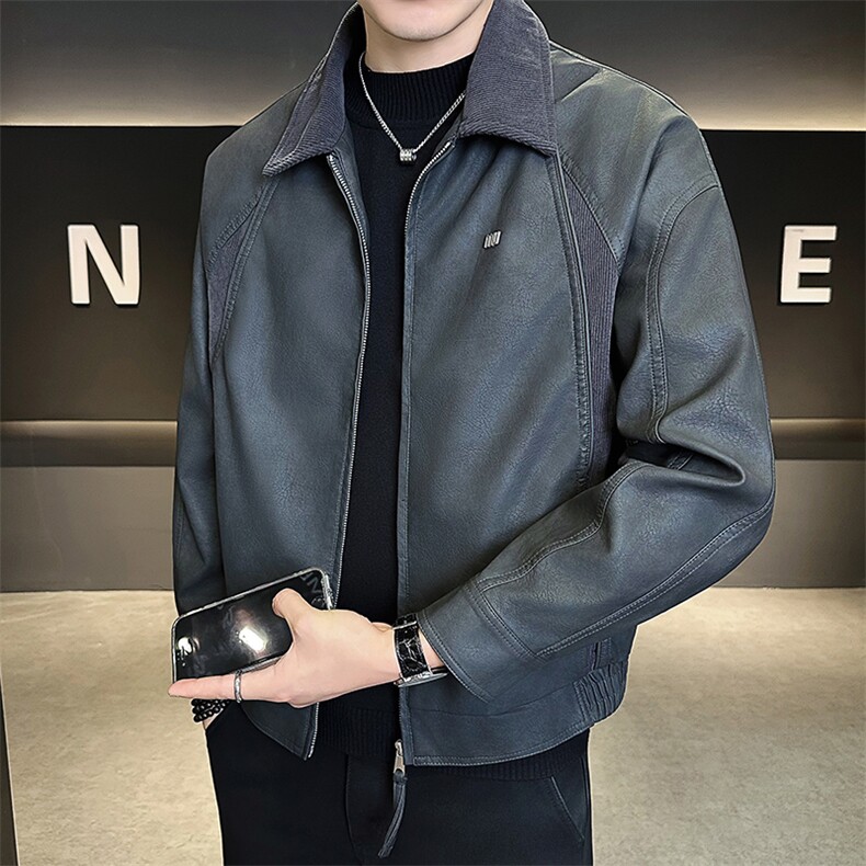 25619-M-4XL-P140店主风秋季新款翻领百搭拼接针织男士皮衣外套,男装皮衣,电商B255