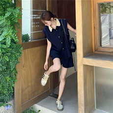 2025夏季新款藏青色百搭绝美套装女减龄设计感上衣短裤淡人两件套，女装套装/套裙，2D078