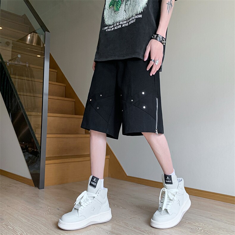 夏季美式高街铆钉拉链黑色牛仔五分短裤货号DK71P50,男装牛仔裤,电商A063