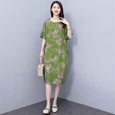 夏季新款大码女装胖mm宽松显瘦遮肚碎花连衣裙中长款妈妈裙子，女装连衣裙，妃曼