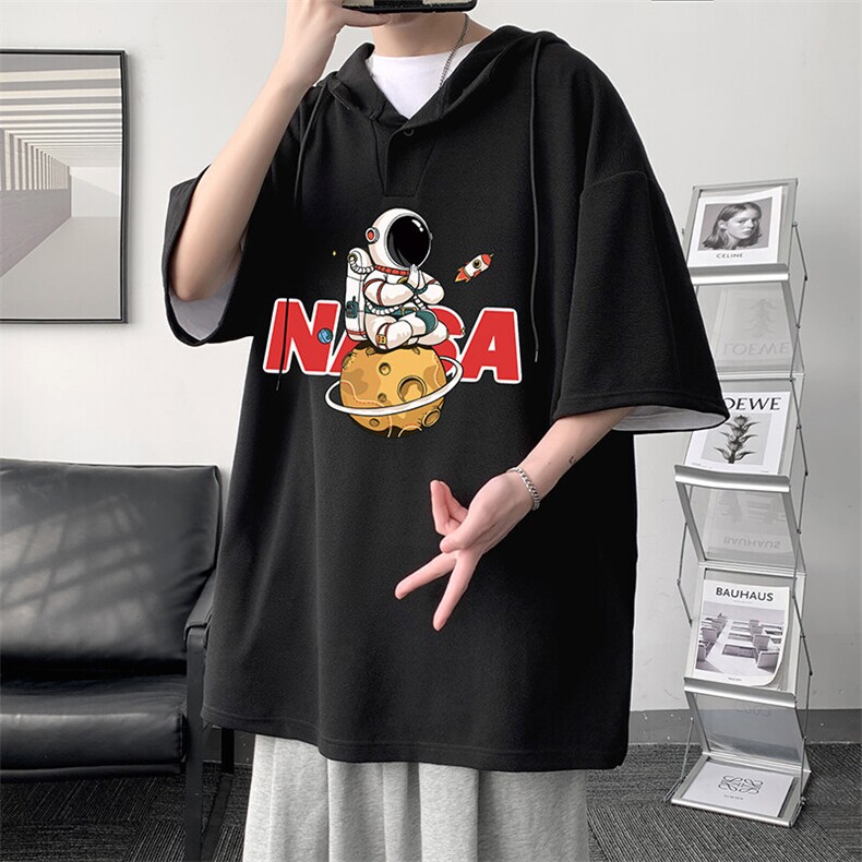 LD54289-P45NASA连帽短袖t恤男大码胖子带帽五分袖中袖,男装T恤,电商A040
