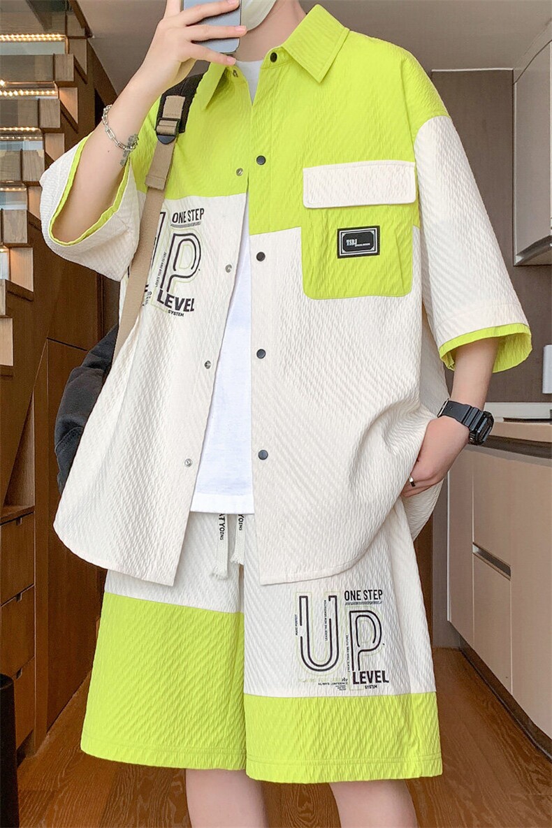 2025新款短袖衬衫套装潮流帅气夏季衬衣短裤套装A436-T12-P65,男装休闲套装,电商A436