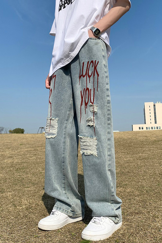 美式hiphop牛仔裤子四季款破洞字母涂鸦潮流休闲牛仔,男装牛仔裤,星座1018A