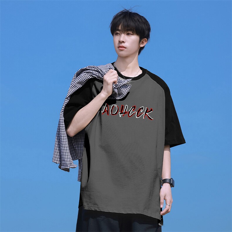 抖音得物高品质二开240克宽松纯棉美式潮牌插肩袖拼接短袖T恤，男装T恤，电商A486-1