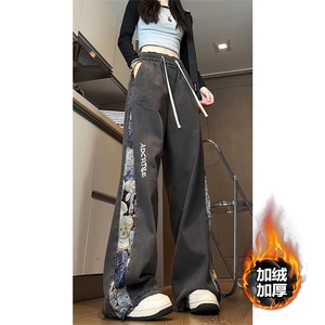 美式街头小熊拼接牛仔裤男冬季加绒加厚设计感阔腿裤XK66133J-P60图片