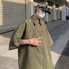 美式复古金属拉链短袖衬衫男女夏季宽松翻领男衬衣外套CS0023-P45，男装衬衫，星座308B-2