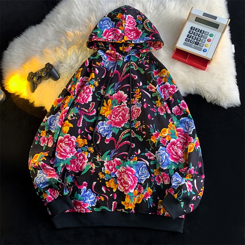W203秋新款男女团队服大花连帽卫衣外套潮民族特色花卫衣情侣装，男装民族服装，星座115A-1