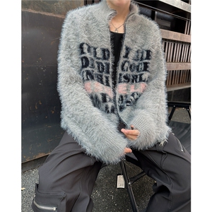 美式字母提花开衫毛衣针织衫男女慵懒风ins冬款情侣外套MZ586-P65图片
