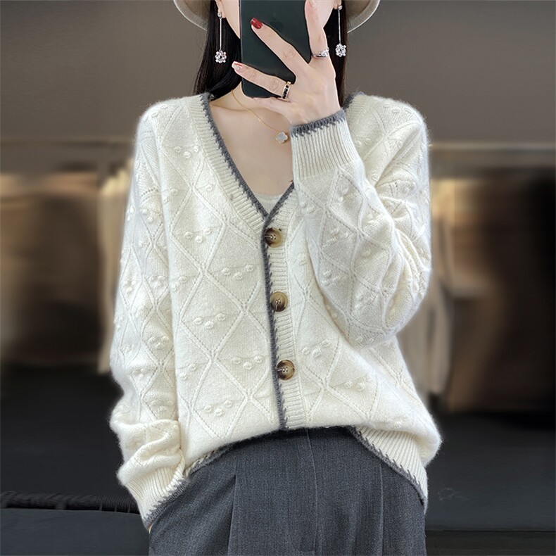 25秋冬100%羊毛开衫女V领菱形提花长袖外套宽松撞色羊绒针织毛衣,女装羊毛衫,隆格羊绒
