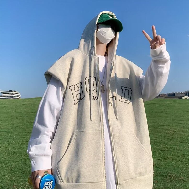 港风复古无袖连帽卫衣男春秋季马甲宽松ins百搭休闲外套WY155-P35,女装短外套,星座1008-2
