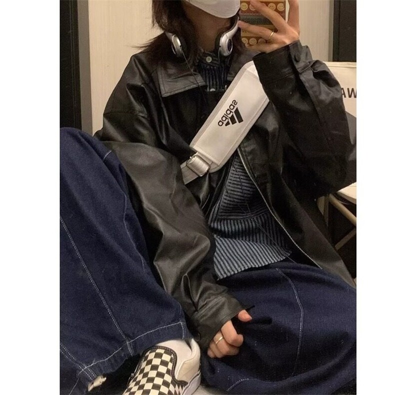 宽松型休闲常规款青少年日系复古pu咖啡色机车皮衣外套男翻领图片