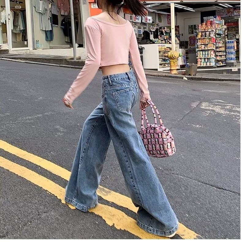 小众设计感垂感显瘦拖地长裤2025秋冬新款蓝色水洗宽松微喇牛仔裤,女装牛仔裤,星座218-8