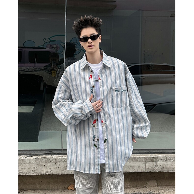 DP096-P40Colour美式潮牌条纹门襟刺绣长袖衬衫男女ins潮流衬衣,男装衬衫,电商C233