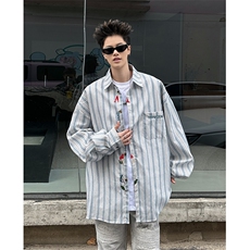 DP096-P40Colour美式潮牌条纹门襟刺绣长袖衬衫男女ins潮流衬衣，男装衬衫，电商C233