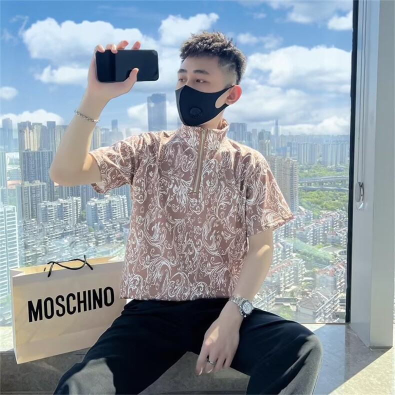 半高领男士短袖t恤痞帅高级感夏季帅气半拉链半袖polo衫T235,男装T恤,星座1116A-2（原606A-1）