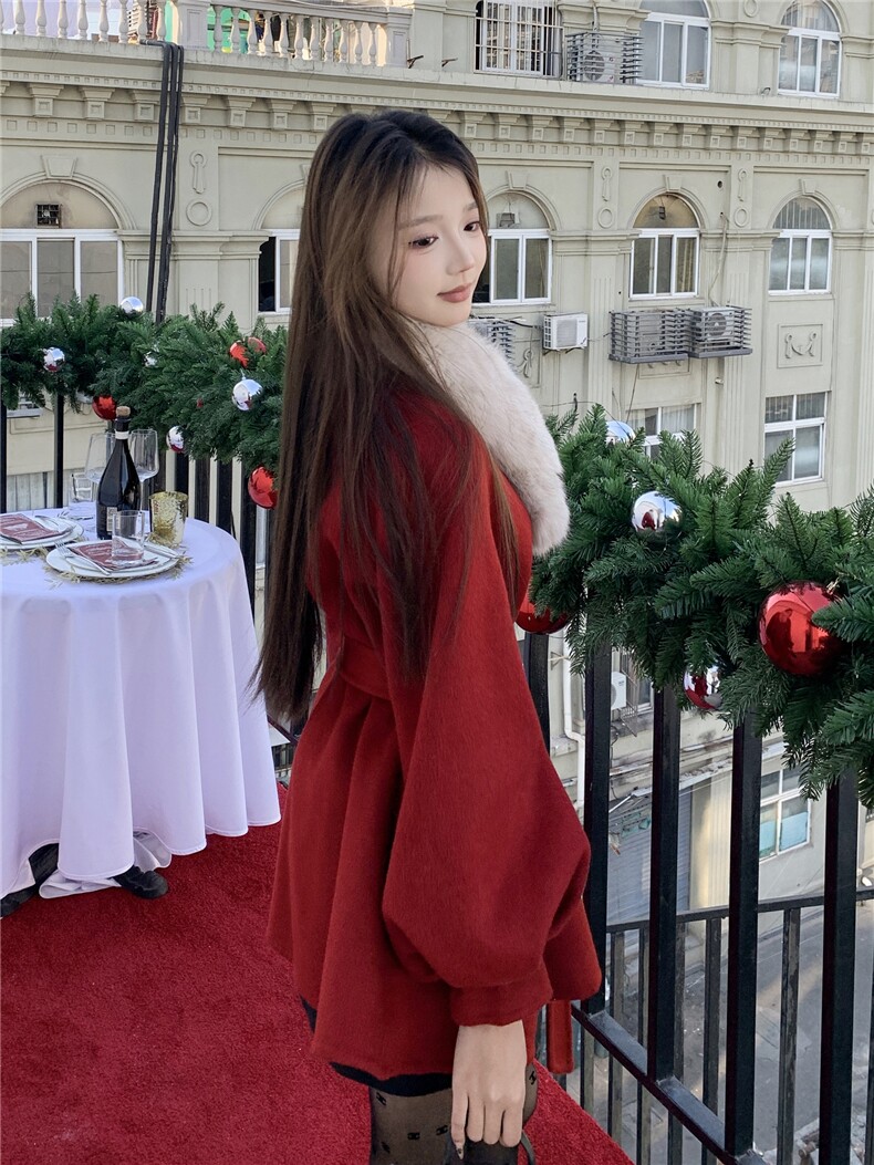现货新款圣诞款2176-P350-K520双面羊绒大衣配围脖,女装双面呢大衣,韩然一族