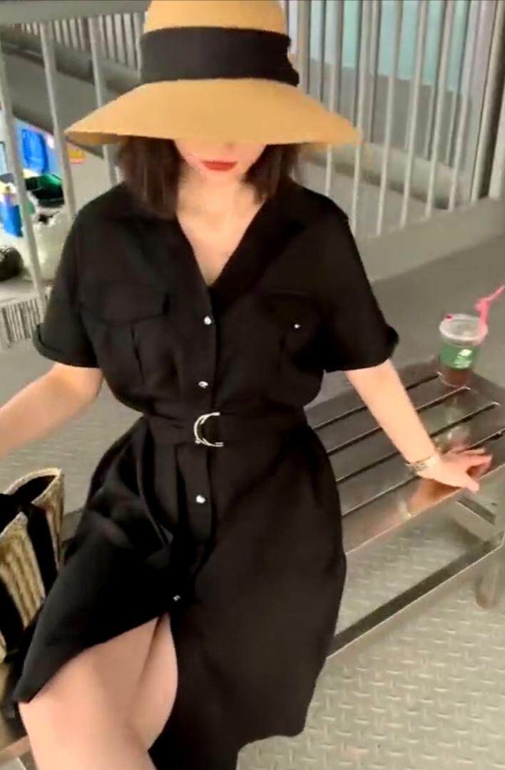 DG897夏季新款2021港风翻领收腰气质显瘦双口袋天丝连衣，女装，L·H·X