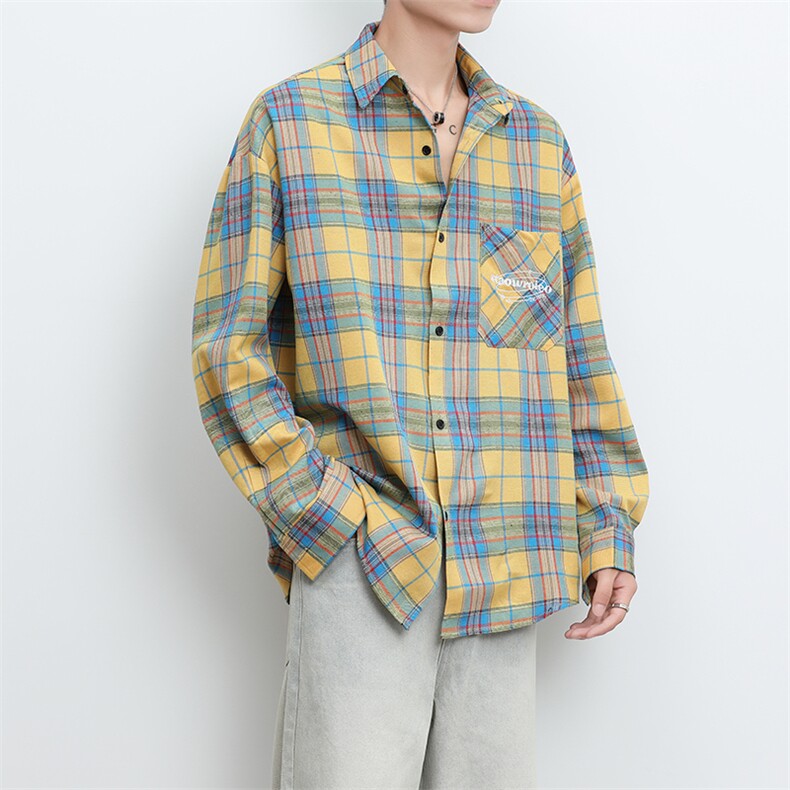 港风大码日子复古贴袋刺绣翻领格子长袖衬衫XZ213-CS8809-P55控68,男装衬衫,星座213