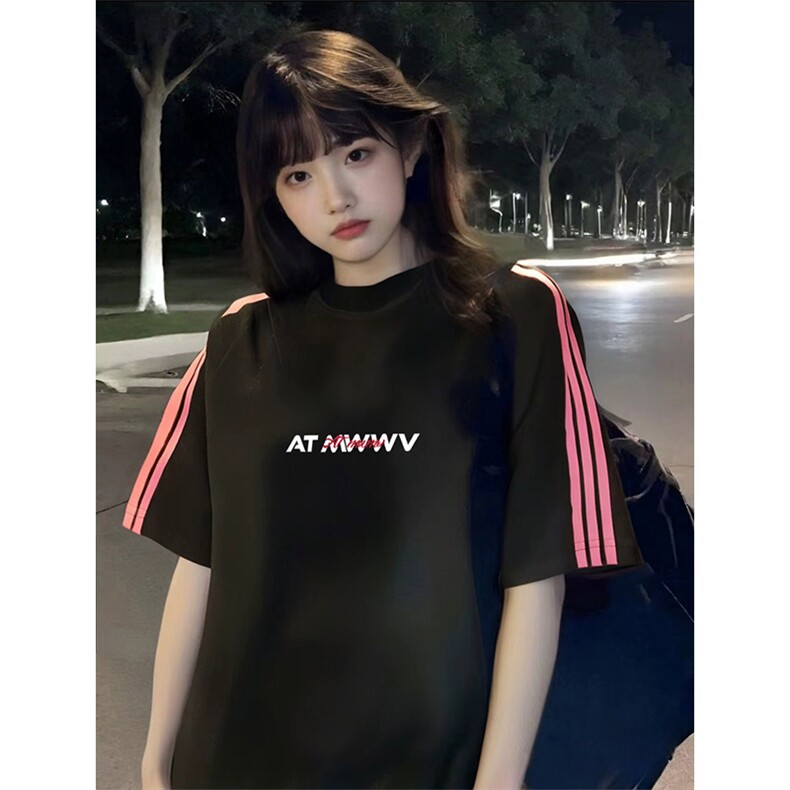 抖音得物品质二开240克宽松纯棉美式潮牌印花三条杠中性风短袖T恤,男装T恤,电商A486