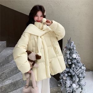 椰奶泡哑光羽绒服女2026冬季新款宽松黄色加厚外套面包服针织披肩图片