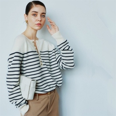 法式2021年新款秋冬羊绒衫女薄款宽松圆领羊毛条纹上衣打底毛衣，女装针织衫/毛衣，美莎羊绒