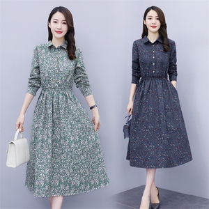 碎花连衣裙女春秋中长款2022新款收腰显瘦纯棉长袖印花复古衬衫裙图片