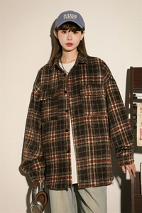 美式小香风加厚秋冬毛呢格子纹衬衫男女夹克棒球服CS3003-P60图片