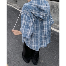 港风夏款男连帽短袖衬衫扎染条纹格子宽松五分袖衬衣CS0010P38，男装衬衫，星座1013-1