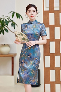 春夏季新款设计简约时尚大气中长款专柜品质真丝旗袍连衣裙新中式图片