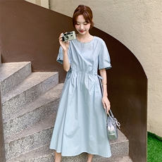 蓝色简单大方圆领短袖连衣裙女2025夏季新款掐腰显瘦甜美减龄长裙，女装连衣裙，1C078