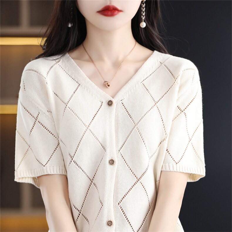 夏季新款纯棉短袖开衫女宽松V领镂空T恤百搭显瘦针织棉麻半袖上衣，女装针织衫/毛衣，斯美雅电商供货