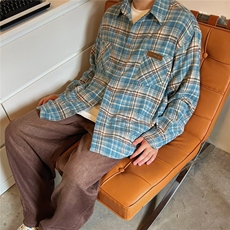 衬衫长袖男生2025春秋季新款美式宽松翻领格子衬衣复古潮流休闲，男装衬衫，星座516A