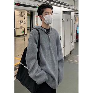 秋季休闲常规水洗慵懒风纯色拉链宽松连帽毛衣长袖带帽 MB95图片