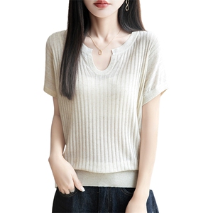 夏季款莱赛尔天丝针织短袖T恤女剪刀V领坑条上衣宽松半袖打底背心图片
