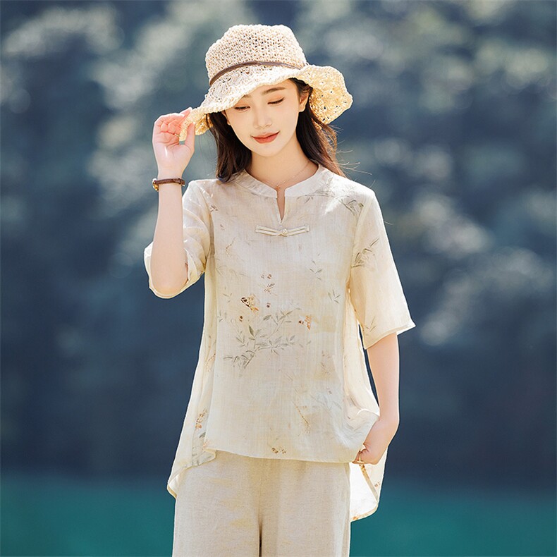 2026年春季文艺风短袖宽松苎麻，女装衬衫，江南依恋