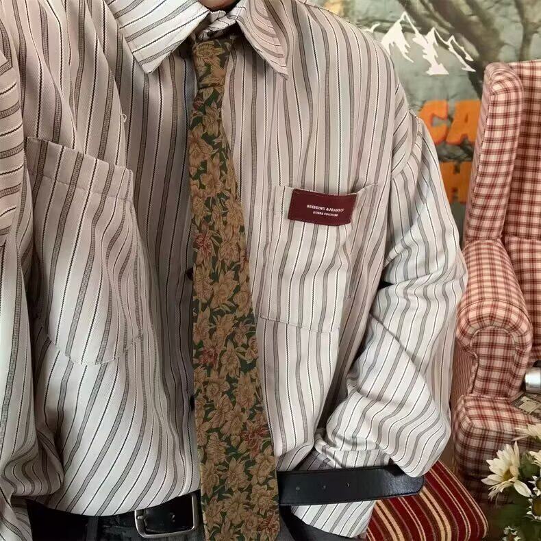 1506/Q3510/P37春秋季潮牌复古学院风条纹长袖衬衫男女宽松衬衣,男装衬衫,星座1506