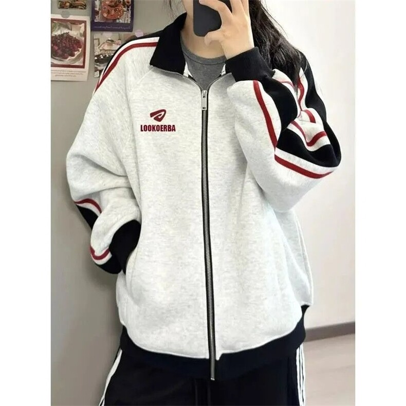 美式学院风撞色三条杠立领卫衣外套女秋冬季宽松开衫夹克W877,男装夹克,星座1116A（原606A-3）