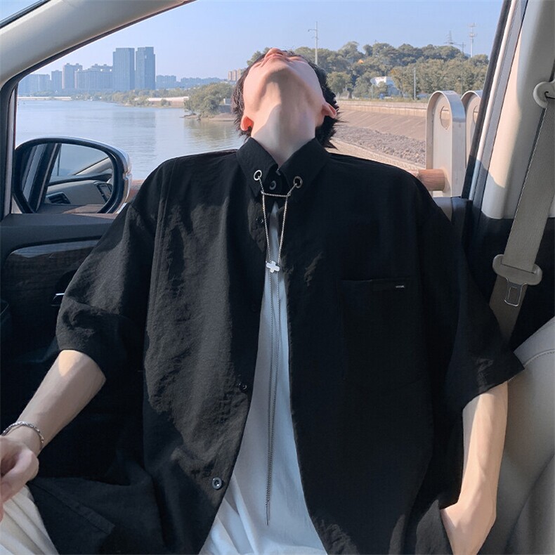 特批P28无差价夏季潮牌高级感挂链男宽松慵懒痞帅短袖衬衫CD5511图片