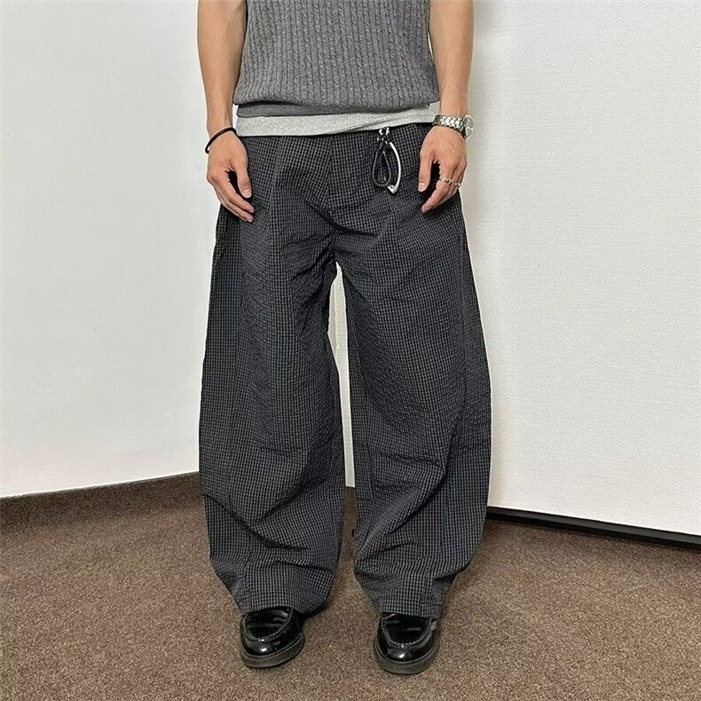 2025美式复古老钱风廓形格子休闲裤男女休闲弯刀阔腿裤HRA82-P55图片